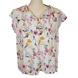 Buffalo David Bitton Floral Blouse, Capped Sleeves, Small